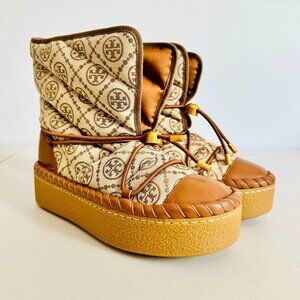 NEW TORY BURCH T SIGNATURE QUILTED CANVAS AND LEATHER SLEEPING BAG BOOTS